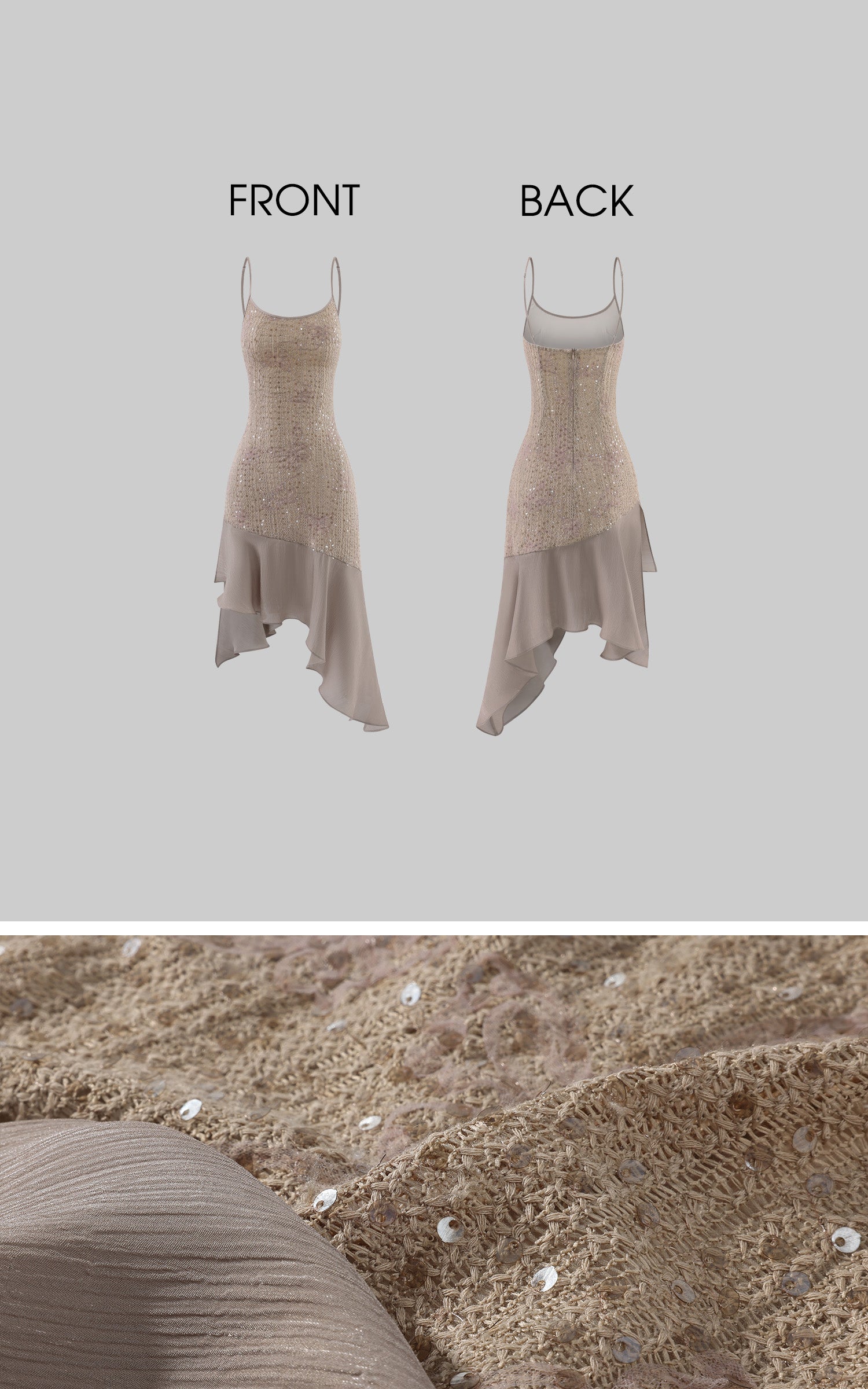Hydrae Sequin Knit Asymmetric Chiffon Hem Cami Mini Dress