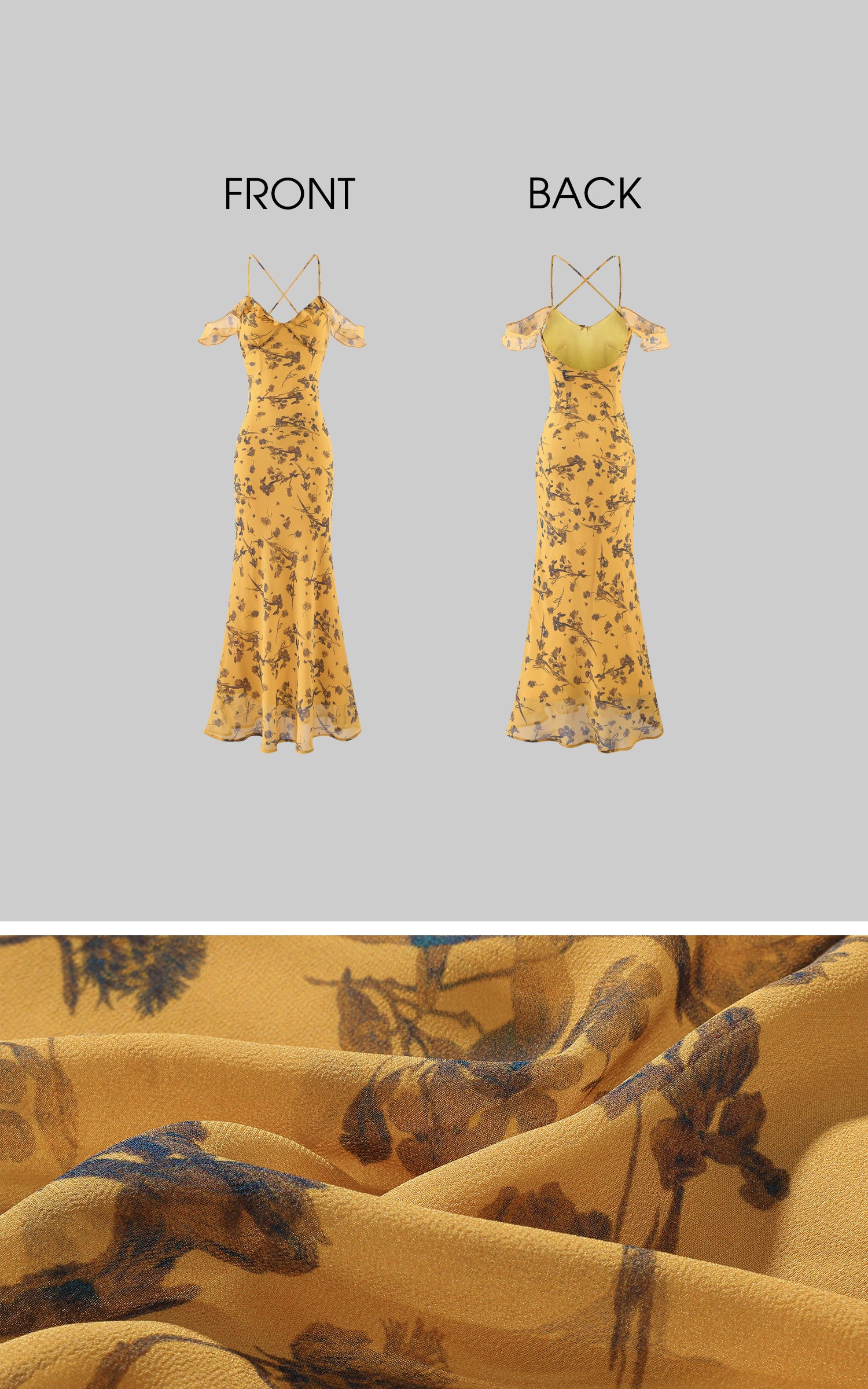 Hydrae Golden Floral Open-Shoulder Backless Slip Maxi Dress
