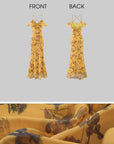 Hydrae Golden Floral Open-Shoulder Backless Slip Maxi Dress