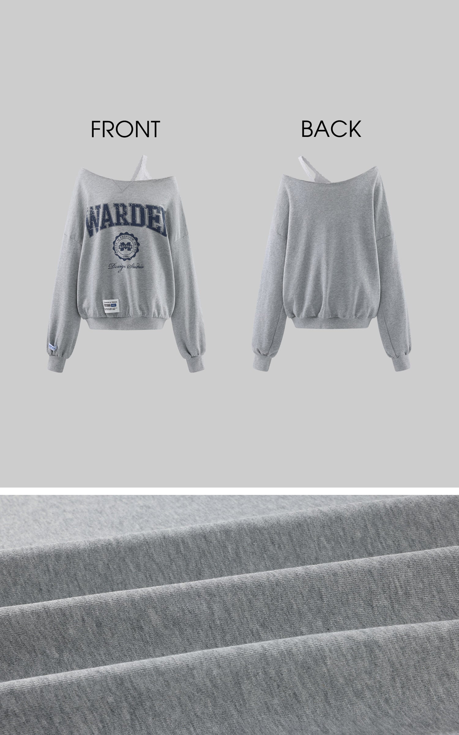 WARDEN EDGE Sweat-shirt surdimensionné graphique universitaire à épaules dénudées déstructuré