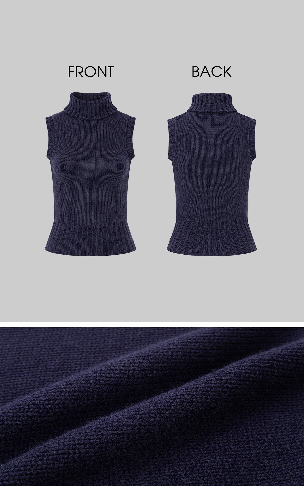 IAMXIAA Retro Slim-Fit Turtleneck Sleeveless Wool Knit Top with Ribbed Hem