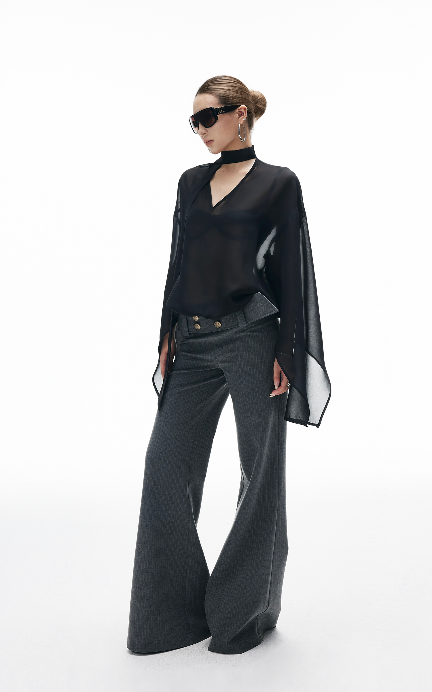 IAMXIAA Sheer Flowing Chiffon Top with Scarf Detail