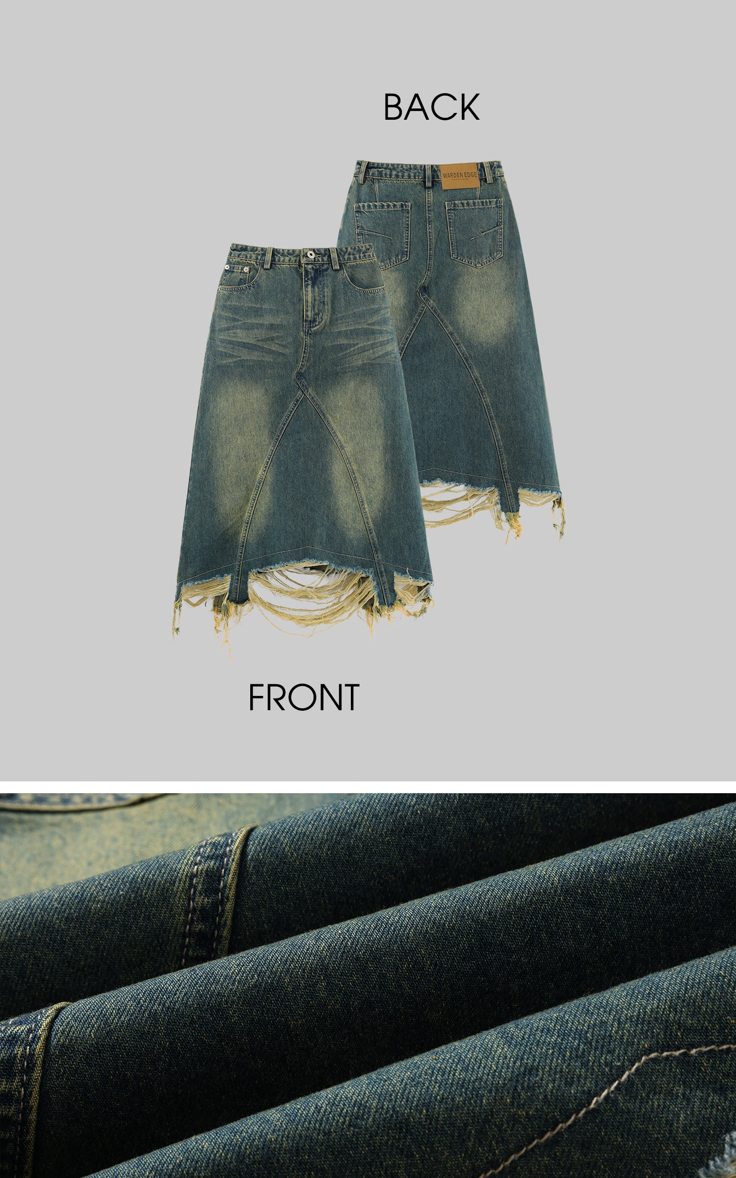 WARDEN EDGE Distressed Denim Skirt with Deconstructed Hem and Vintage Washed Edge