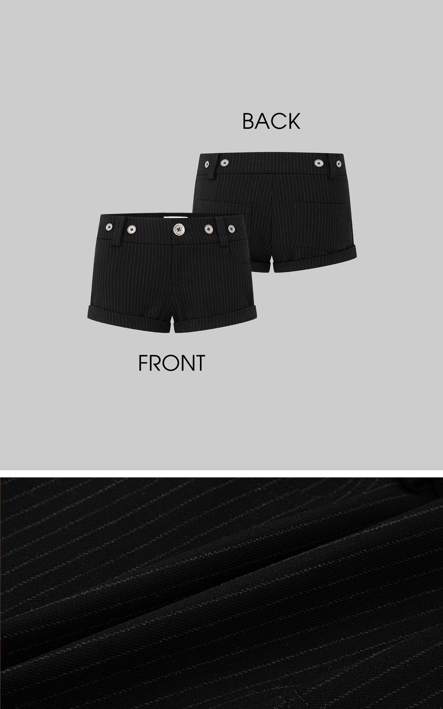 IAMXIAA ピンストライプボタンディテールミニショーツ（ロールヘム付き）