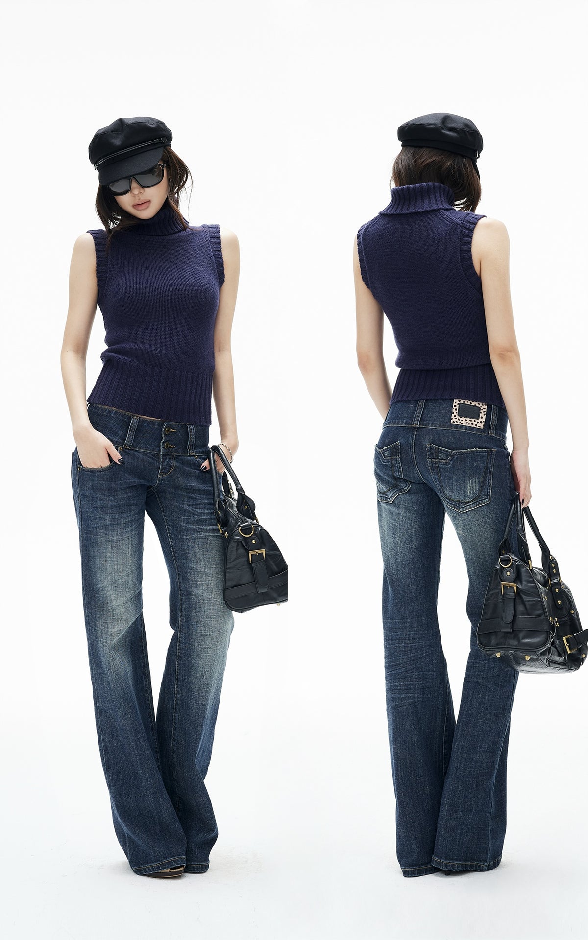 IAMXIAA Retro Slim-Fit Turtleneck Sleeveless Wool Knit Top with Ribbed Hem