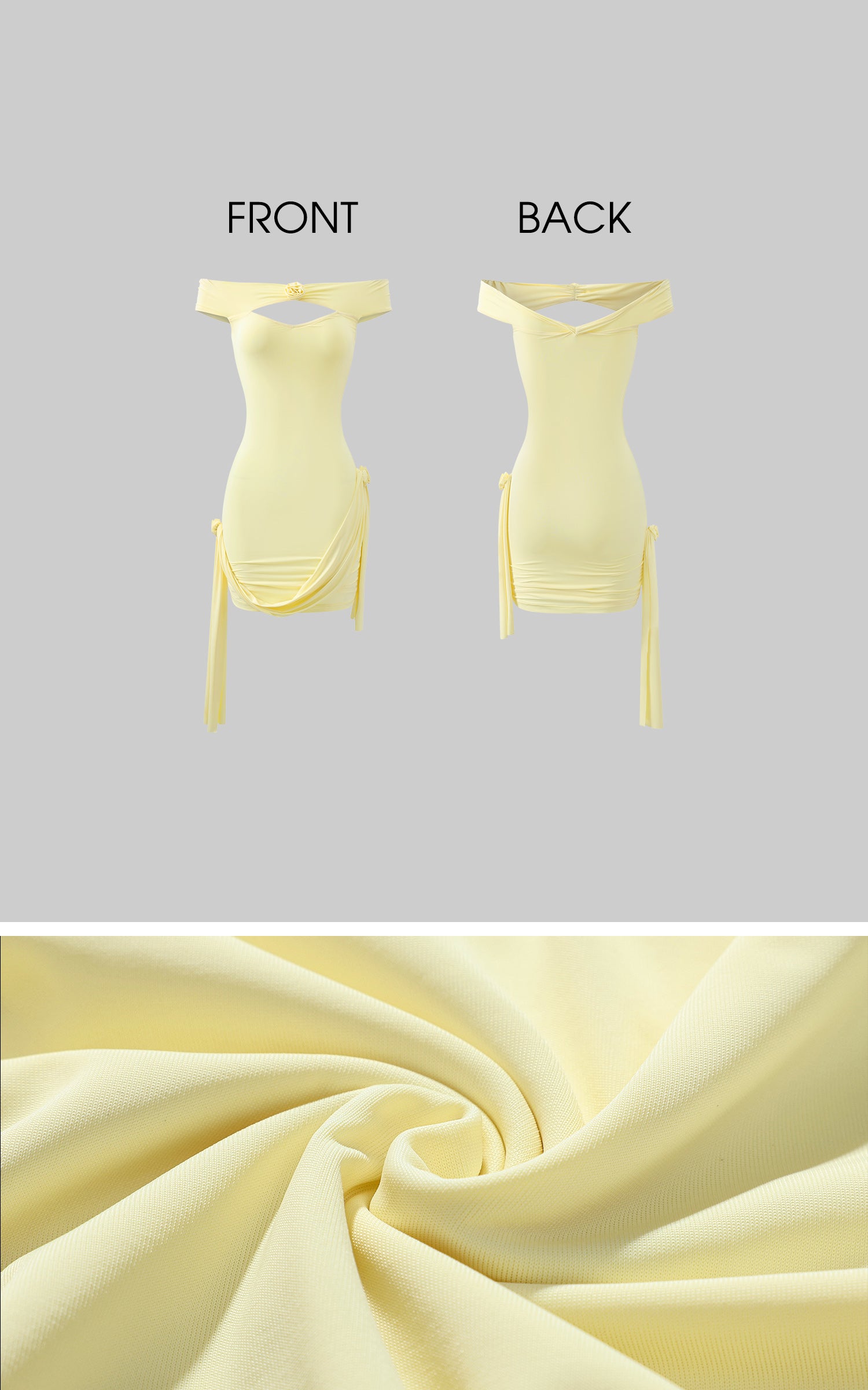 DreamyNerd Off-Shoulder Drape Mini Dress with Rosette Detail - PINKPARKS