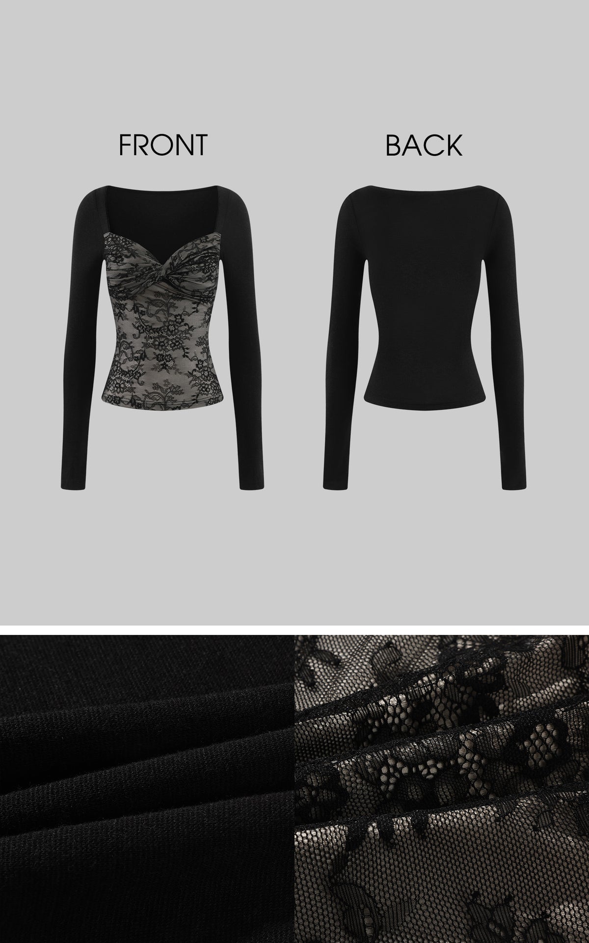 Hydrae Lace Contrast Ruched Bust Long Sleeve Top With Sheer Floral Texture