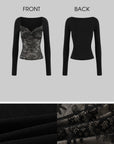 Hydrae Lace Contrast Ruched Bust Long Sleeve Top With Sheer Floral Texture