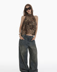 IAMXIAA Leopard Print Ruffle Tank Top Halter Neck Sheer Layered Vest