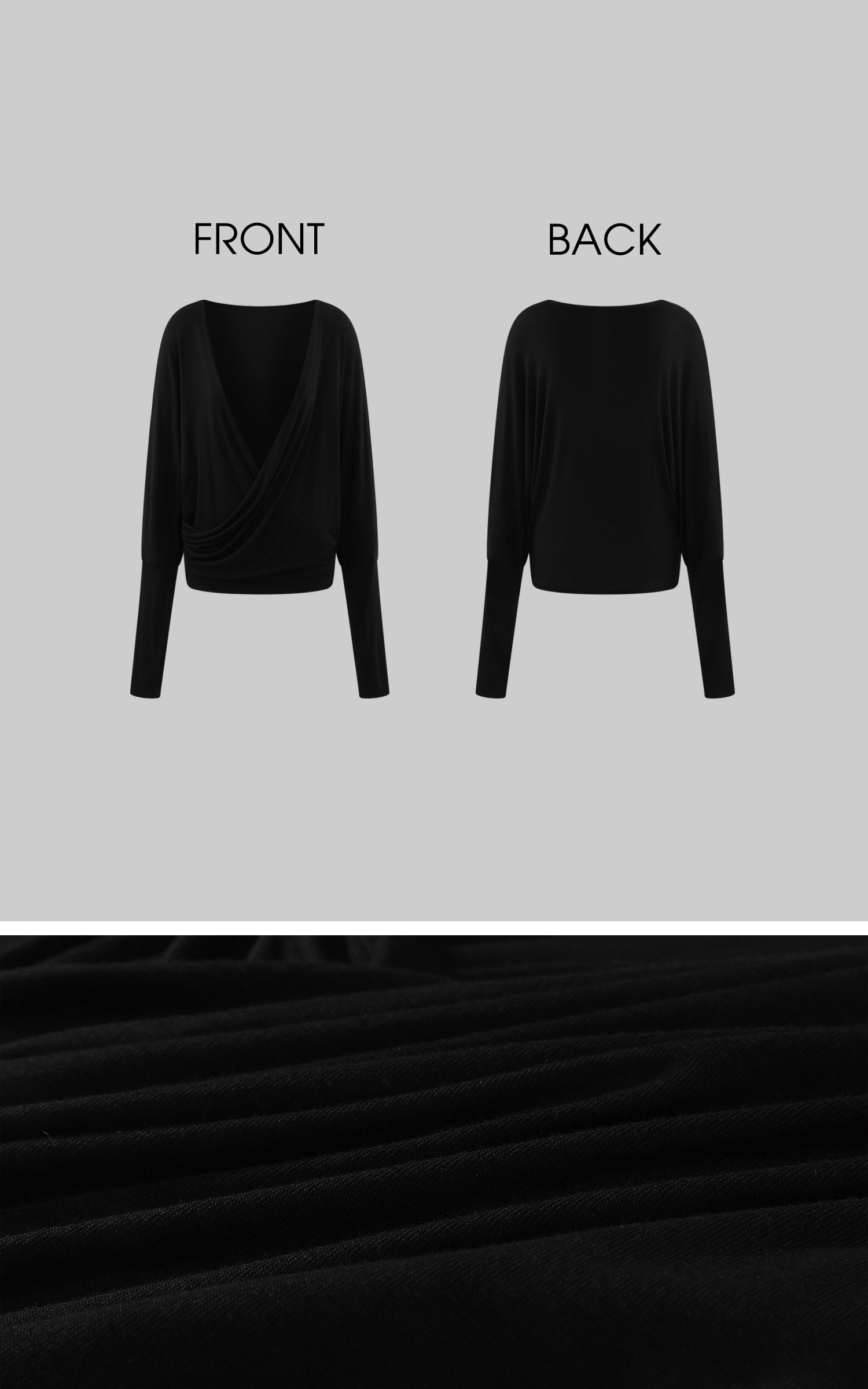 ROVENTE Deep V Draped Asymmetric Long Sleeve Ruched Wrap Top