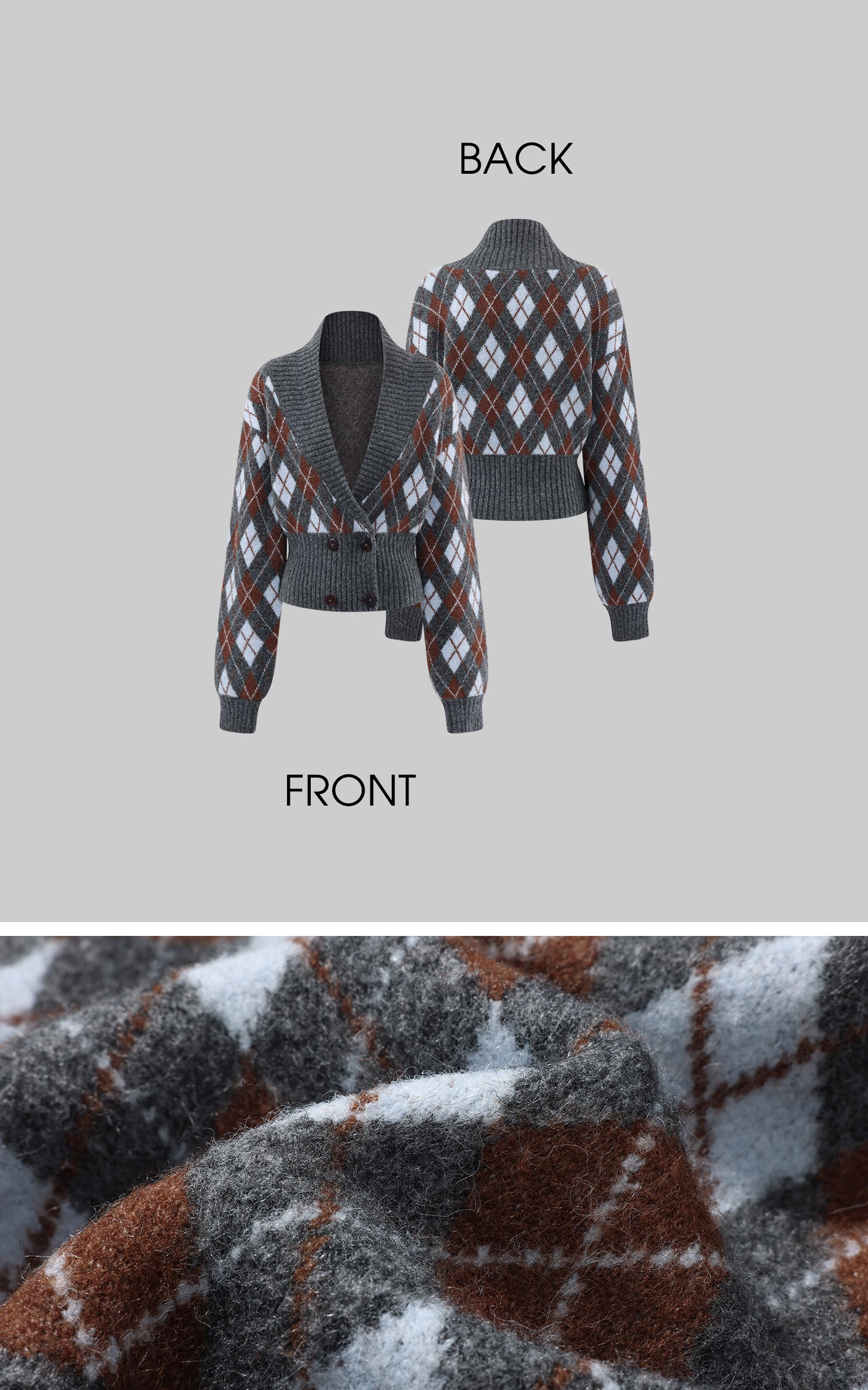 Rase le sol Argyle Knit Cropped Cardigan with Double Button Waist Design