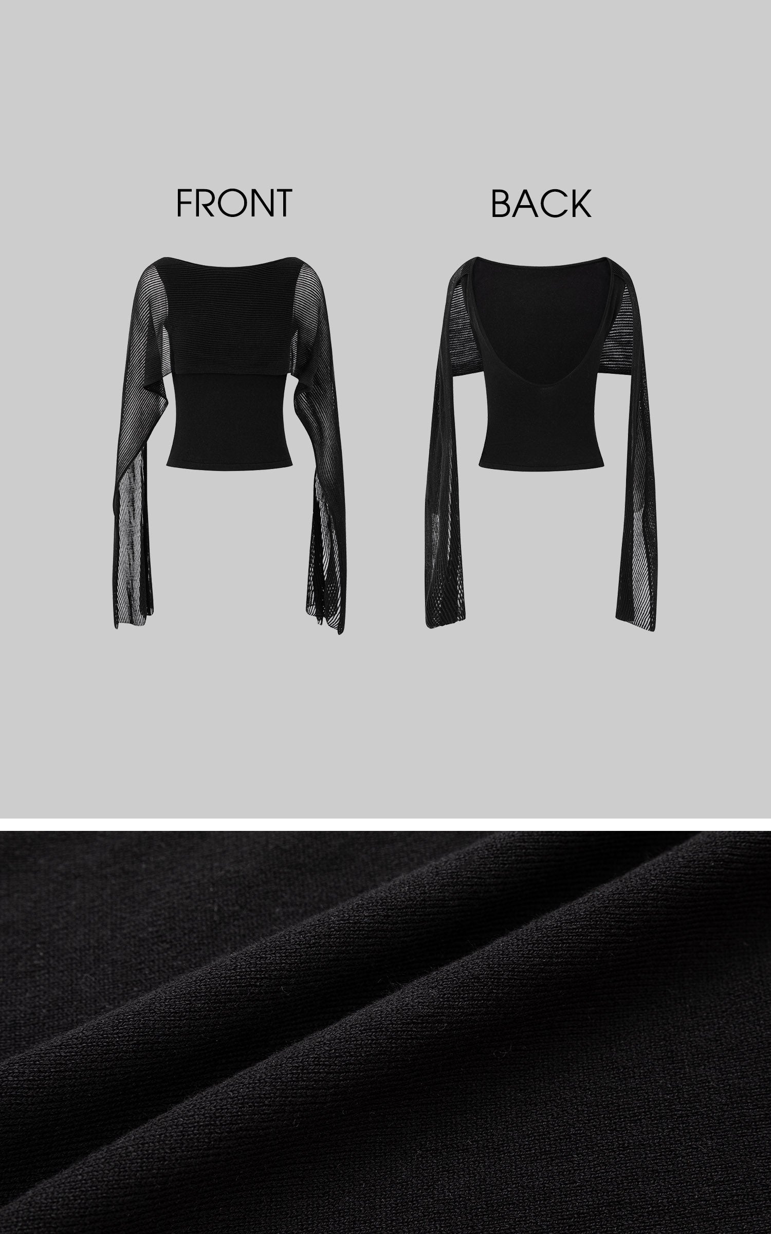 IAMXIAA Sheer Ribbed Knit Cape Sleeve Open Back Cropped Top