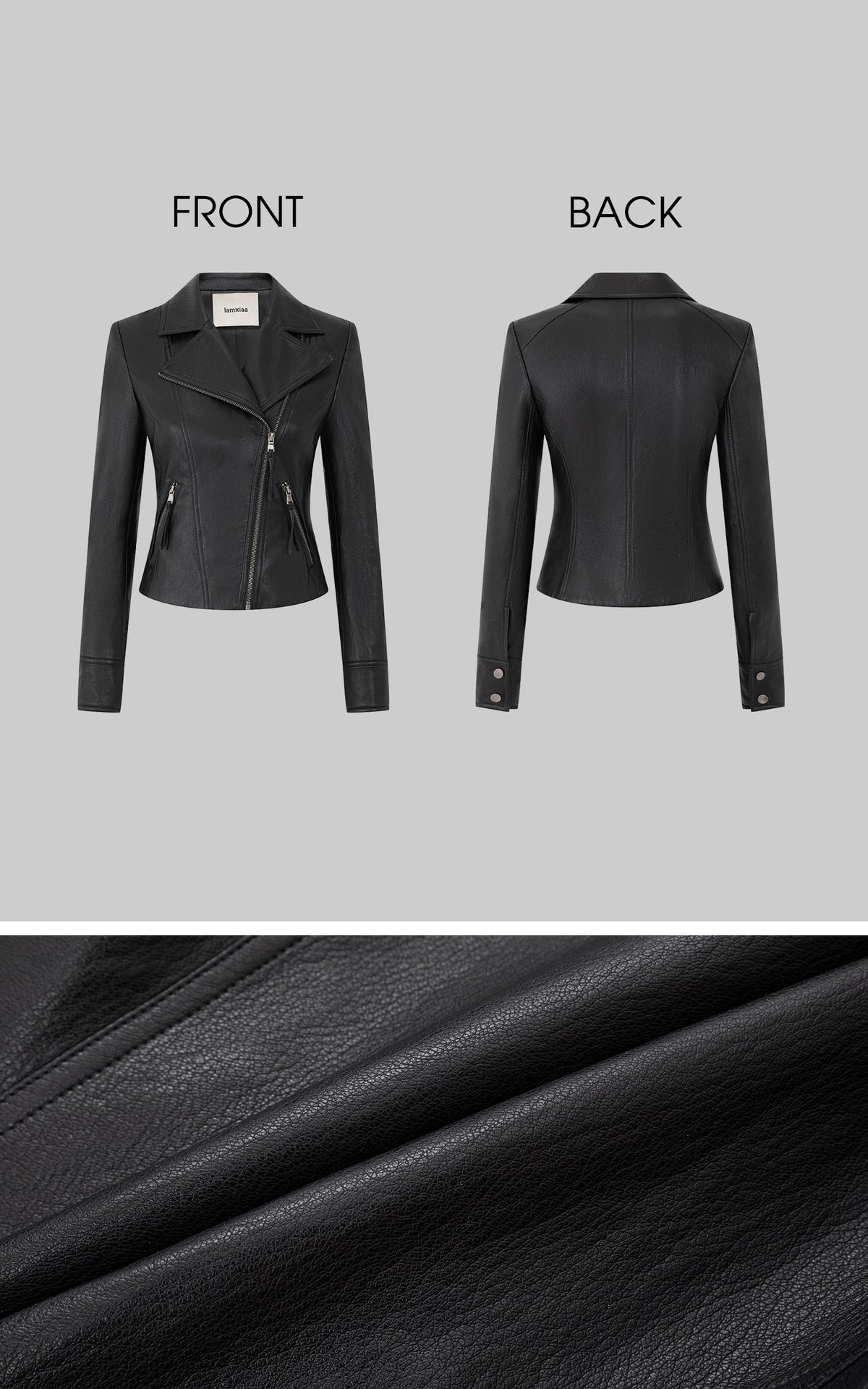 IAMXIAA Veste en cuir moto noire sculptée