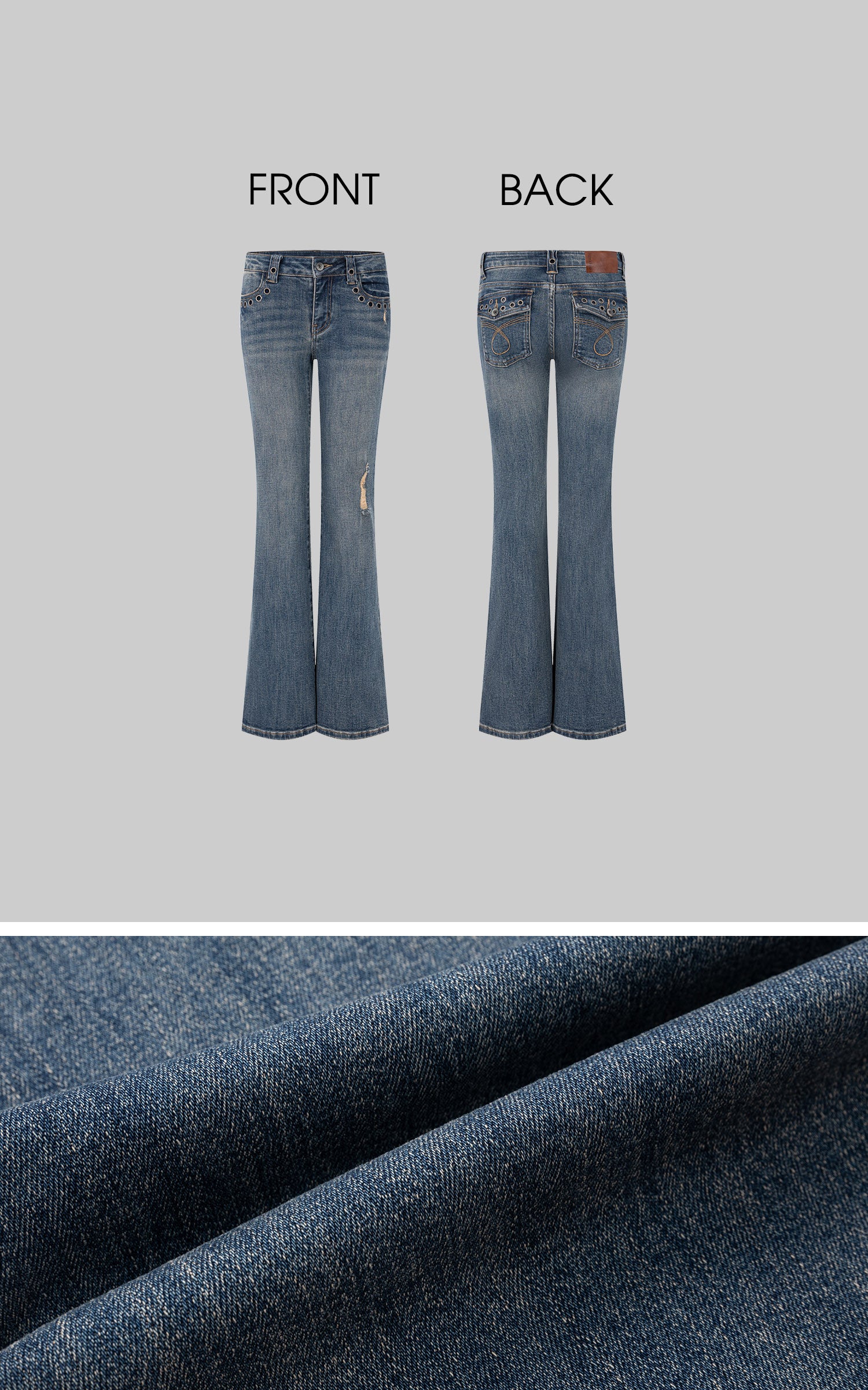 IAMXIAA Low-Rise Eyelet Pocket Distressed Flared Denim Jeans with Vintage Wash