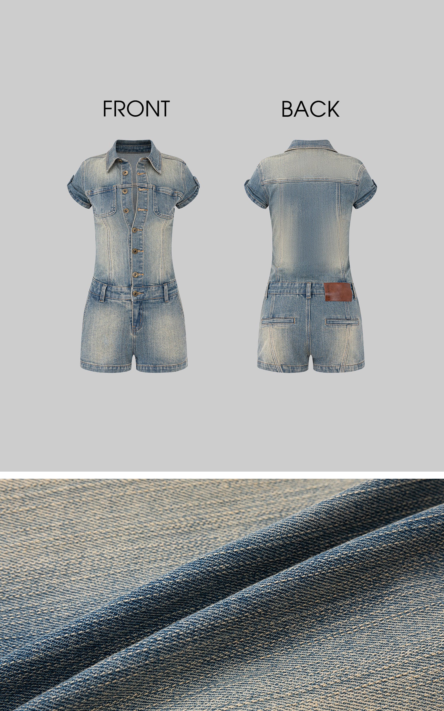 IAMXIAA Vintage Wash Fitted Denim Button-Up Short Sleeve Romper