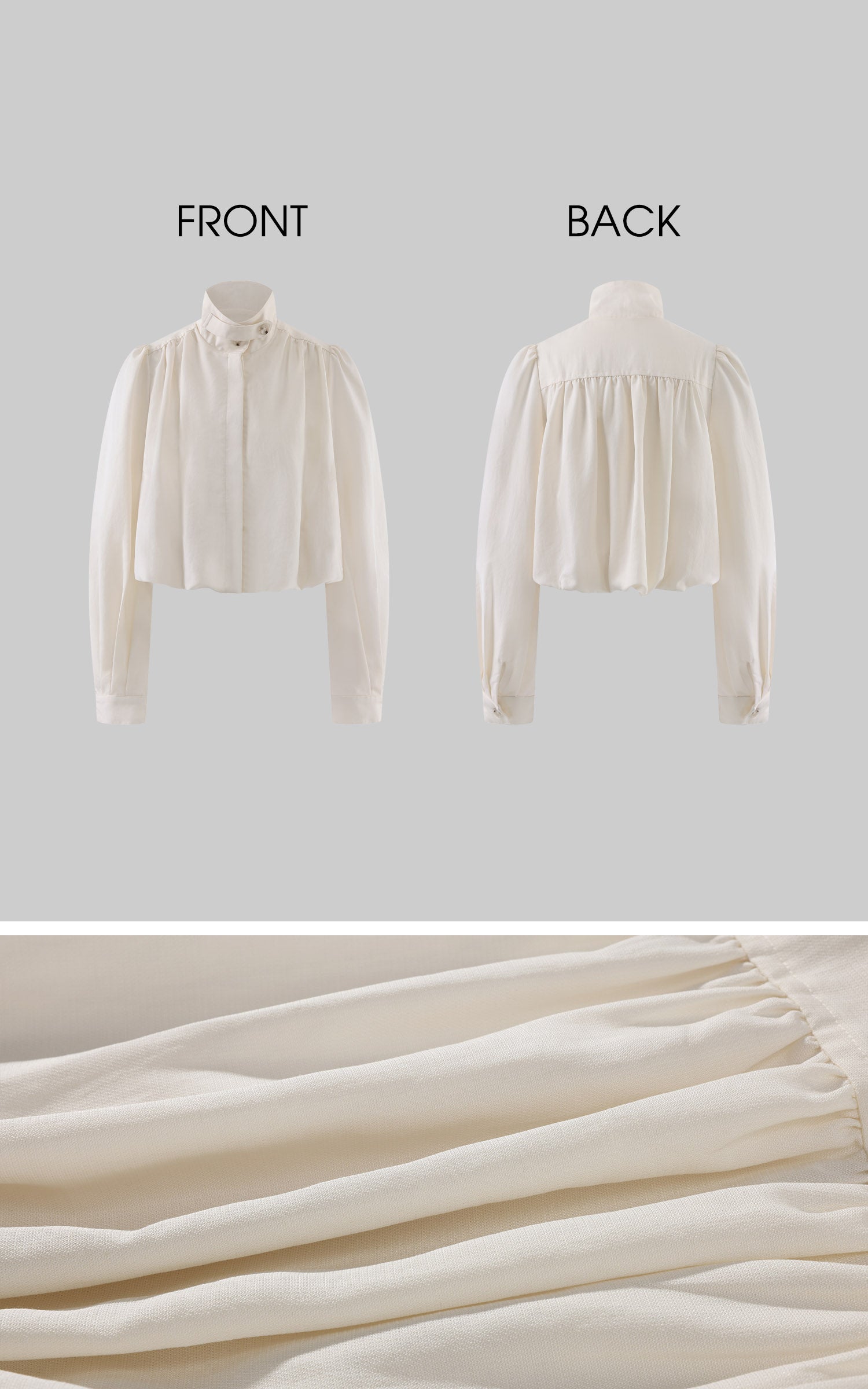 Hydrae Gathered High-Neck Cropped Shirt with Convertible Collar and Sculpted Volume Sleeves