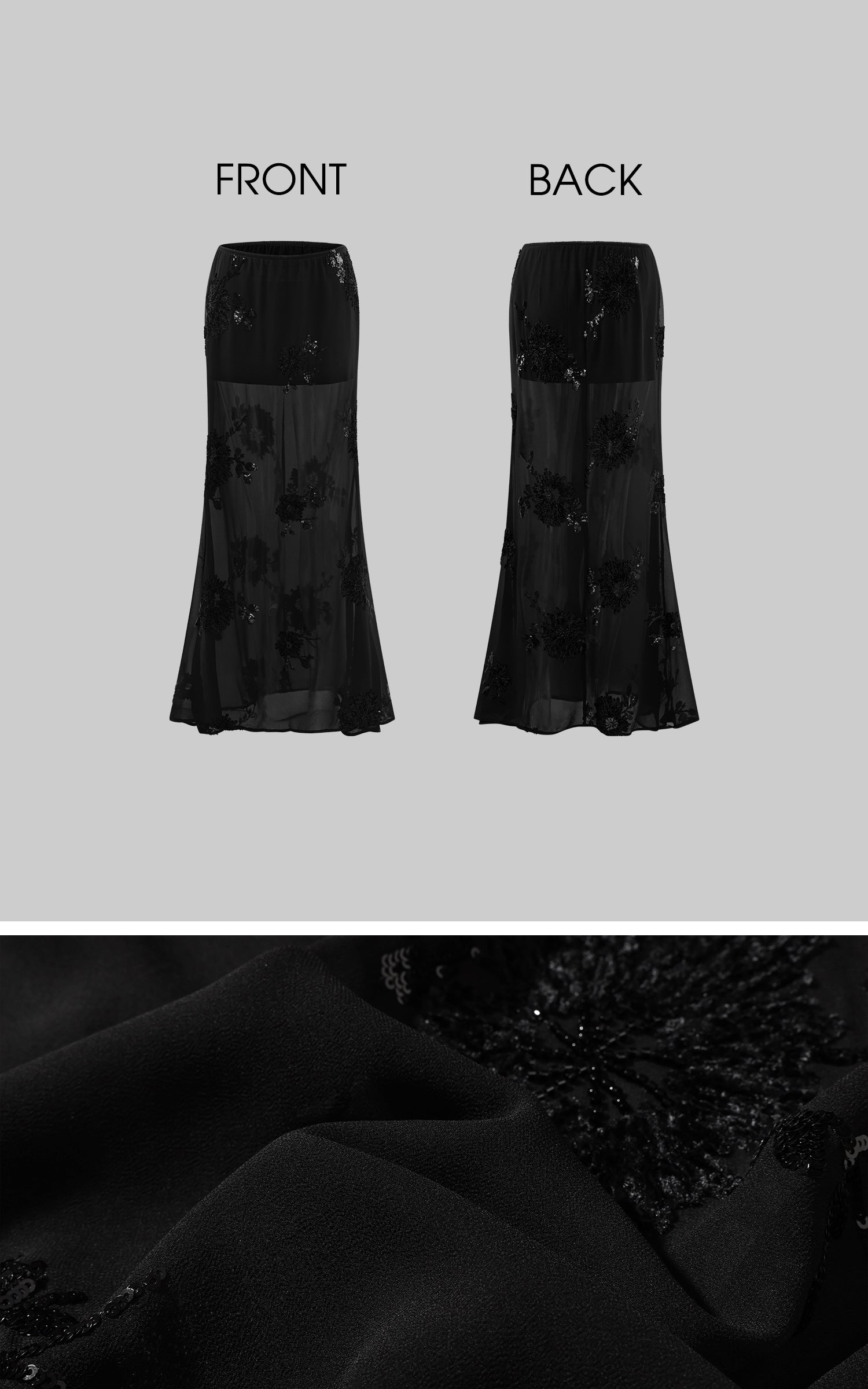 ROVENTE Sheer Mesh Sequin Maxi Skirt with Floral Embroidery