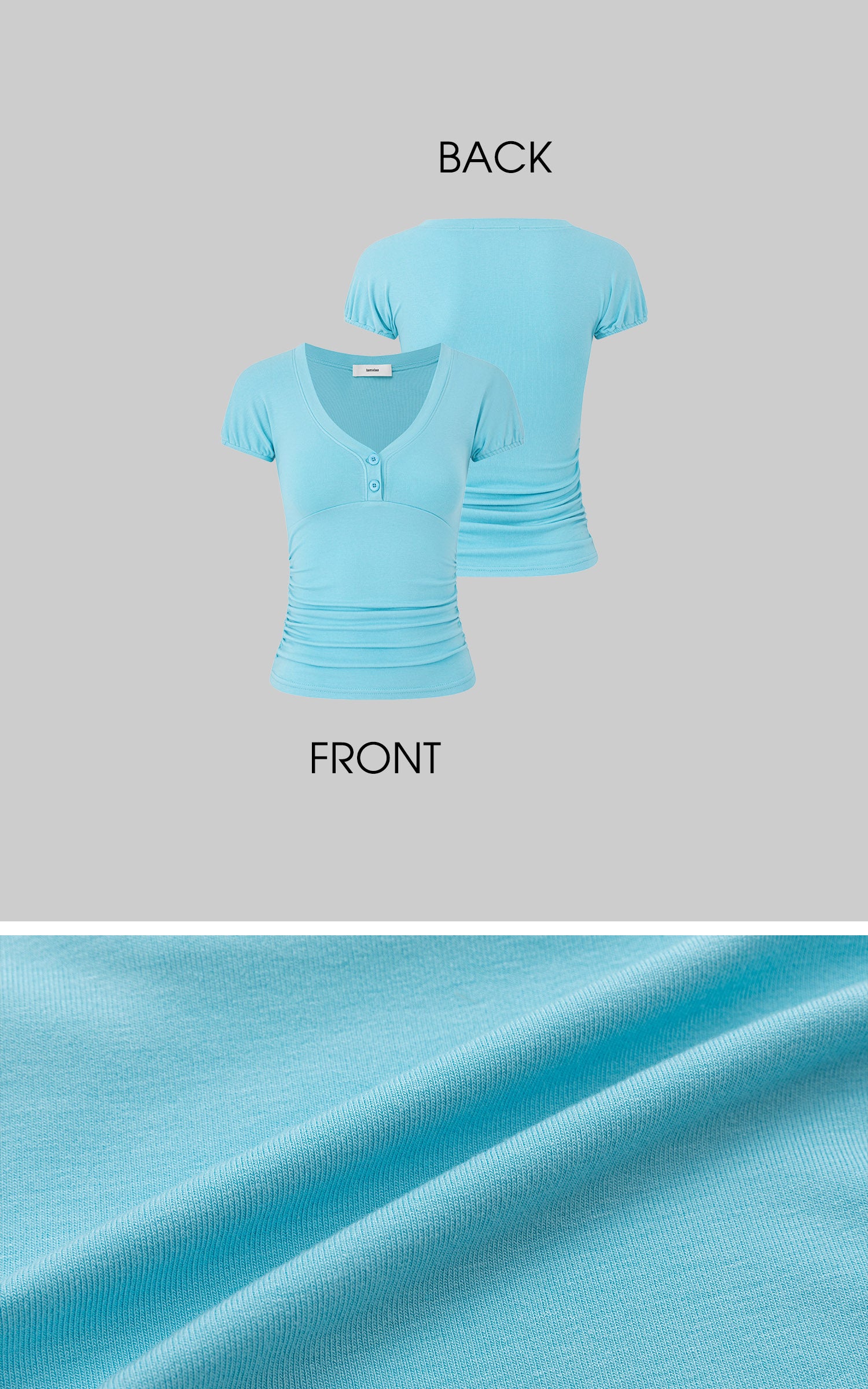 IAMXIAA Ruched V-Neck Button Front Slim Fit Short Sleeve Stretch Tee