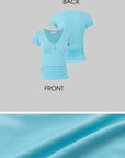 IAMXIAA Ruched V-Neck Button Front Slim Fit Short Sleeve Stretch Tee