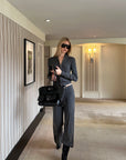 0122stepll High-Neck Zip Knit Cardigan & Foldover Wide-Leg Pants Set