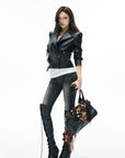 IAMXIAA Veste en cuir moto noire sculptée