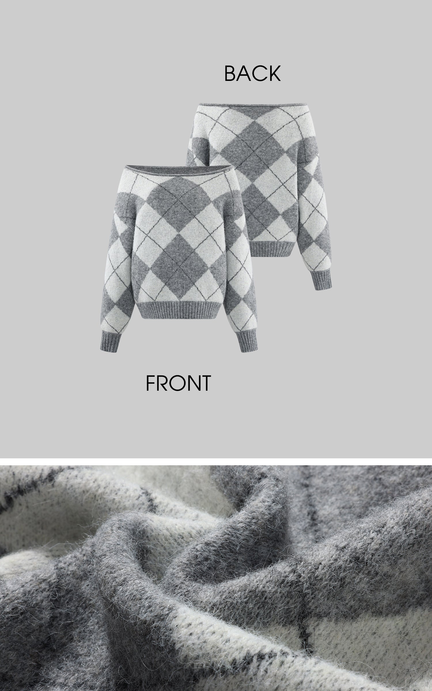 WARDEN EDGE Argyle Off Shoulder Oversized Knit Sweater