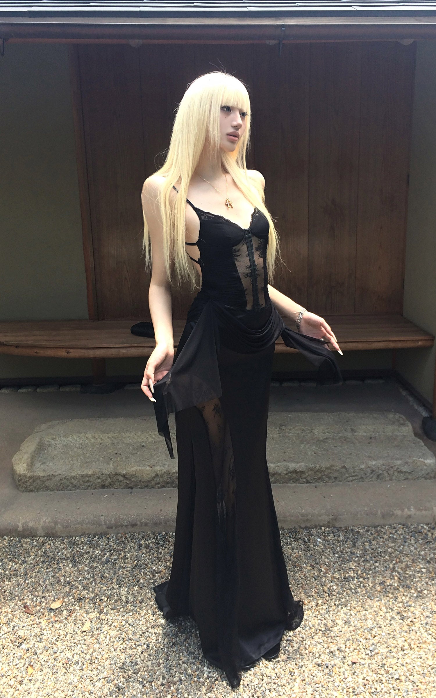 Rase le sol Sheer Lace Paneled Slip Maxi Dress