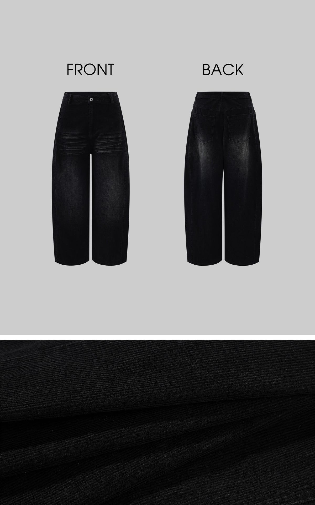 WARDEN EDGE Washed Black Corduroy Wide-Leg Pants with Curved Silhouette &amp; Faded Whisker Detail
