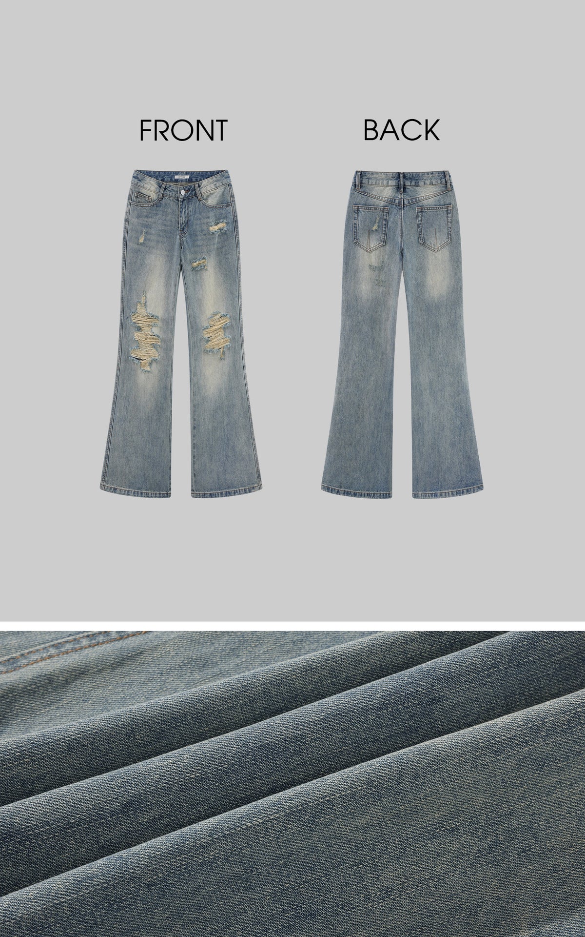 ROVENTE Vintage Washed Distressed Low-Rise Long Flared Jeans