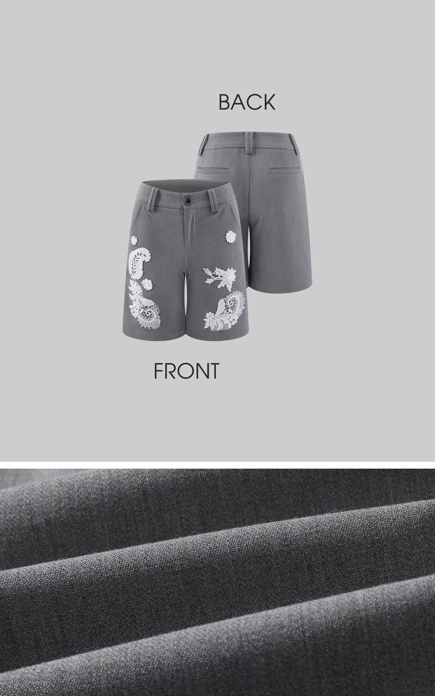 Hydrae 레이스 자수 테일러드 버뮤다 쇼츠 미드라이즈 스트레이트 핏 슈트 쇼츠