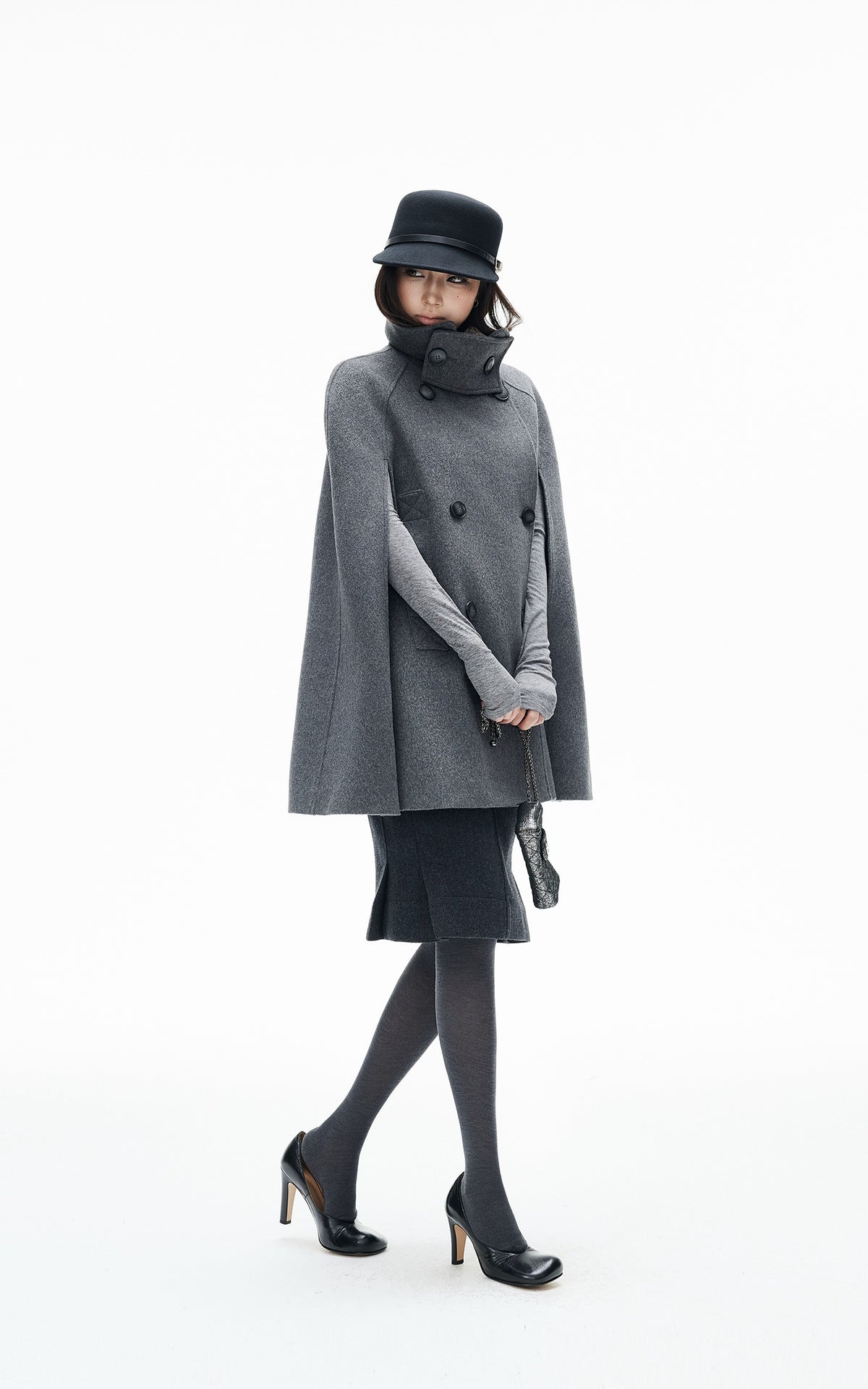 IAMXIAA Sculpted High-Neck Double-Breasted Cape Coat with Open Arm Slits