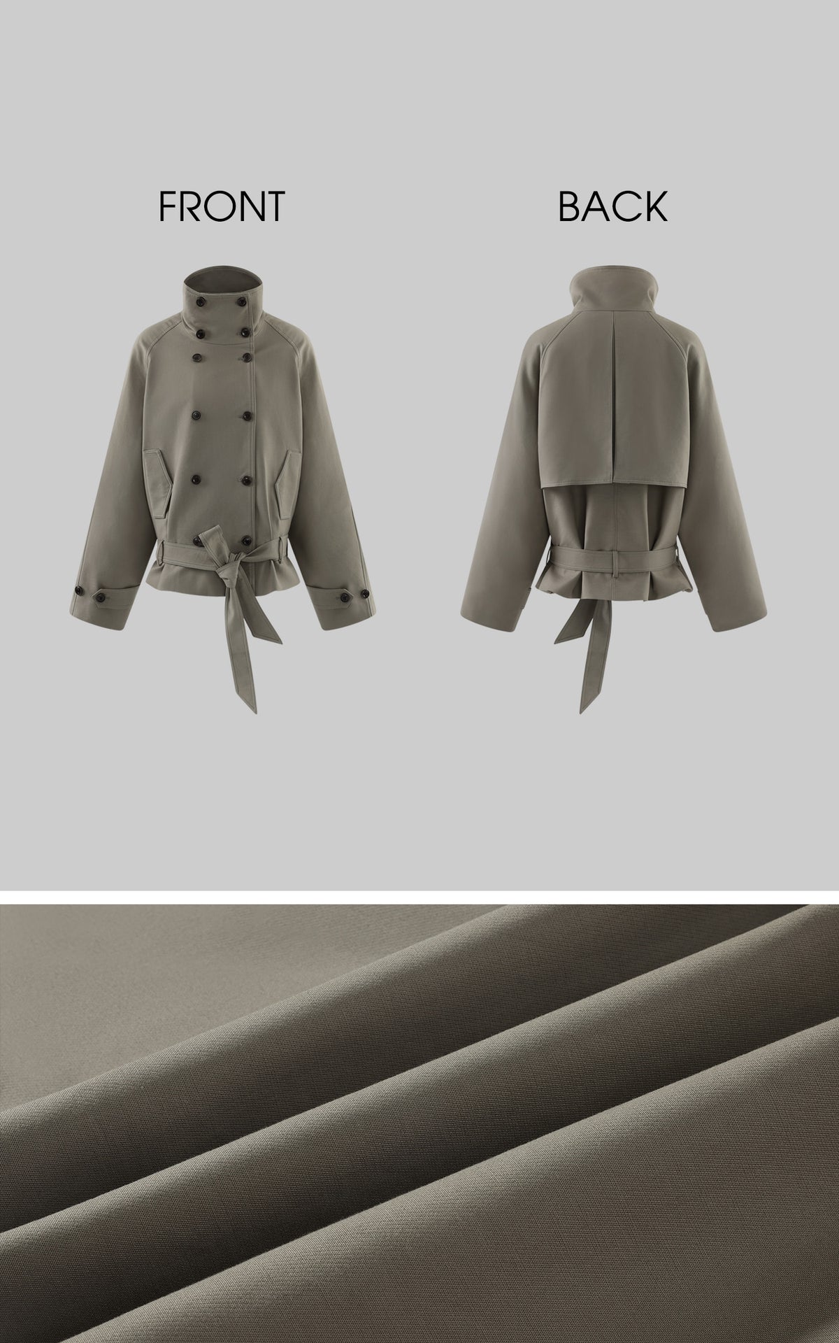 ROVENTE Double-Breasted High Stand Collar Belted Short Trench Jacket