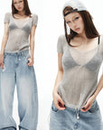 IAMXIAA Sheer Knit Scoop Neck Fitted Tee