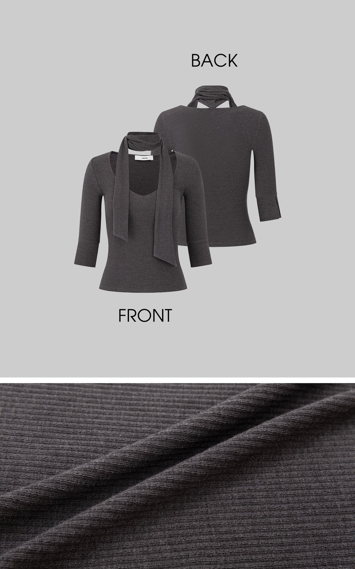 IAMXIAA Scarf-Neck Ribbed Slim-Fit Top with Three-Quarter Sleeves