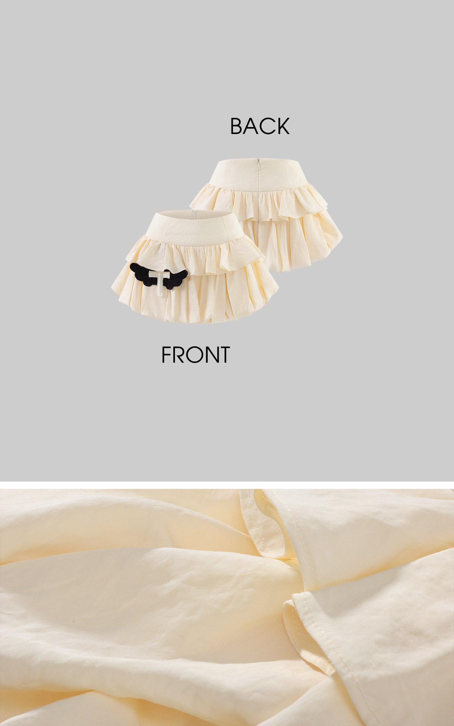 Rase le sol Cream Layered Ruffle Bubble Mini Skirt With Cross-Wing Appliqué