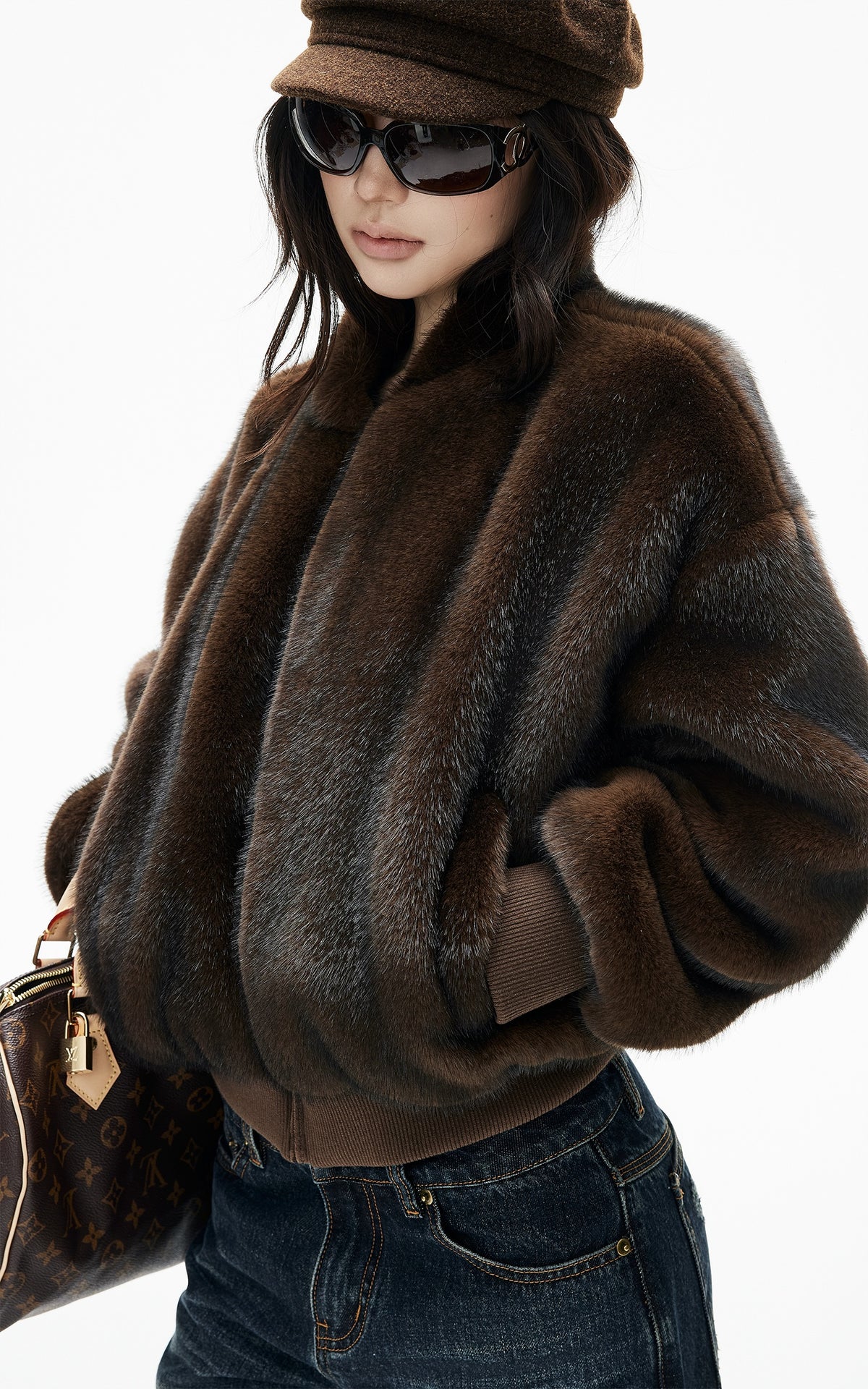 IAMXIAA Chocolate Brown Fur-Effect Cropped Bomber Jacket