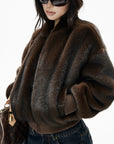 IAMXIAA Chocolate Brown Fur-Effect Cropped Bomber Jacket