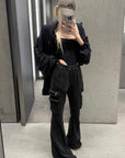 Rase le sol Washed Flare Cargo Pants with Multi Pockets - PINKPARKS