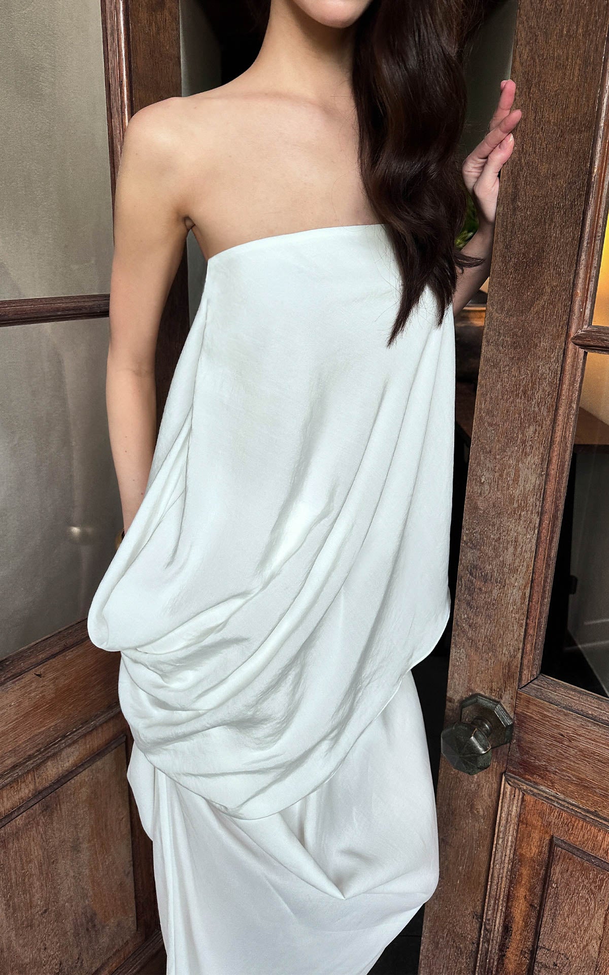 0122stepll Draped Strapless Top &amp; Ruched Maxi Skirt Set