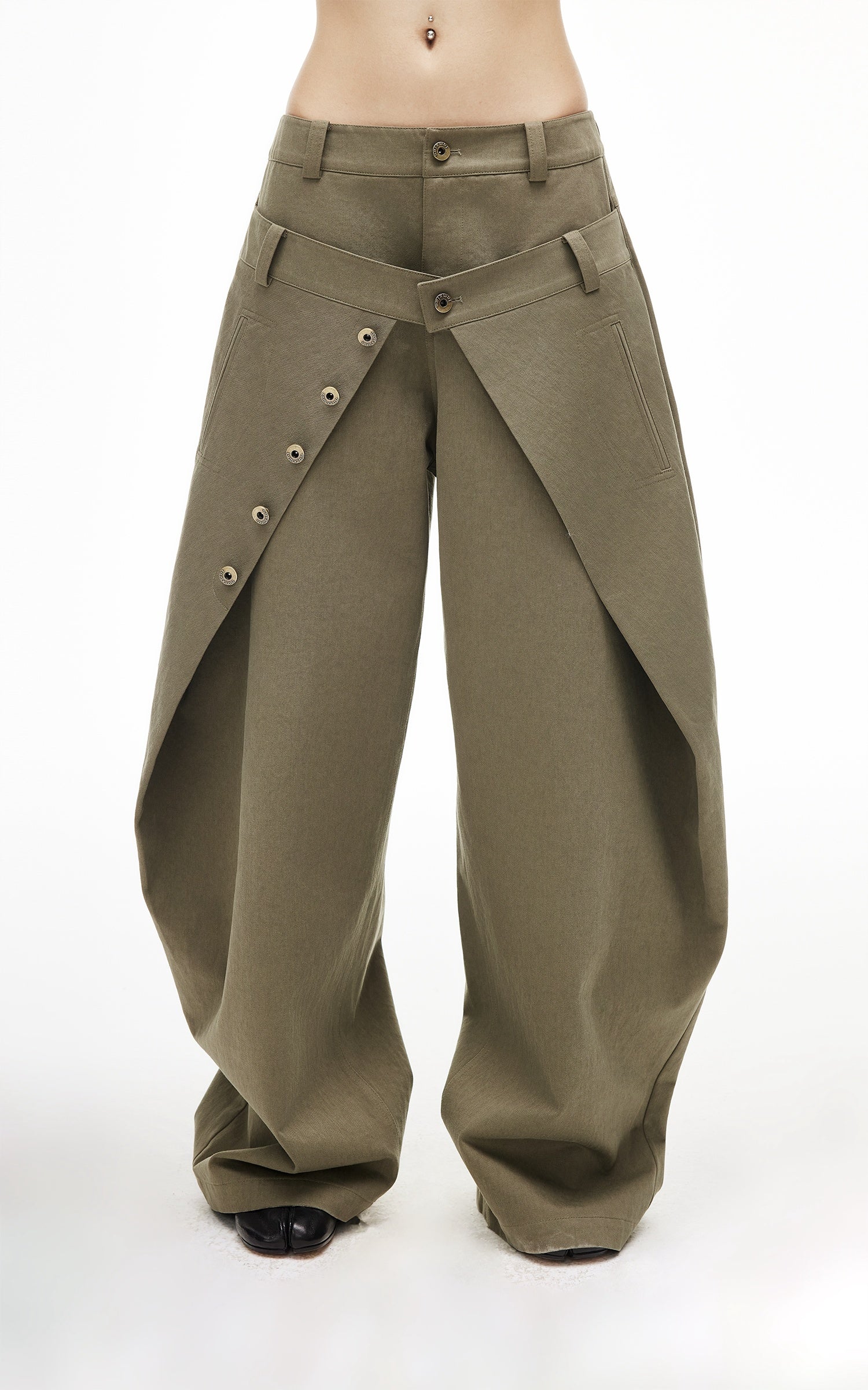 IAMXIAA Layered Waist Button Detail Wide-Leg Barrel Pants