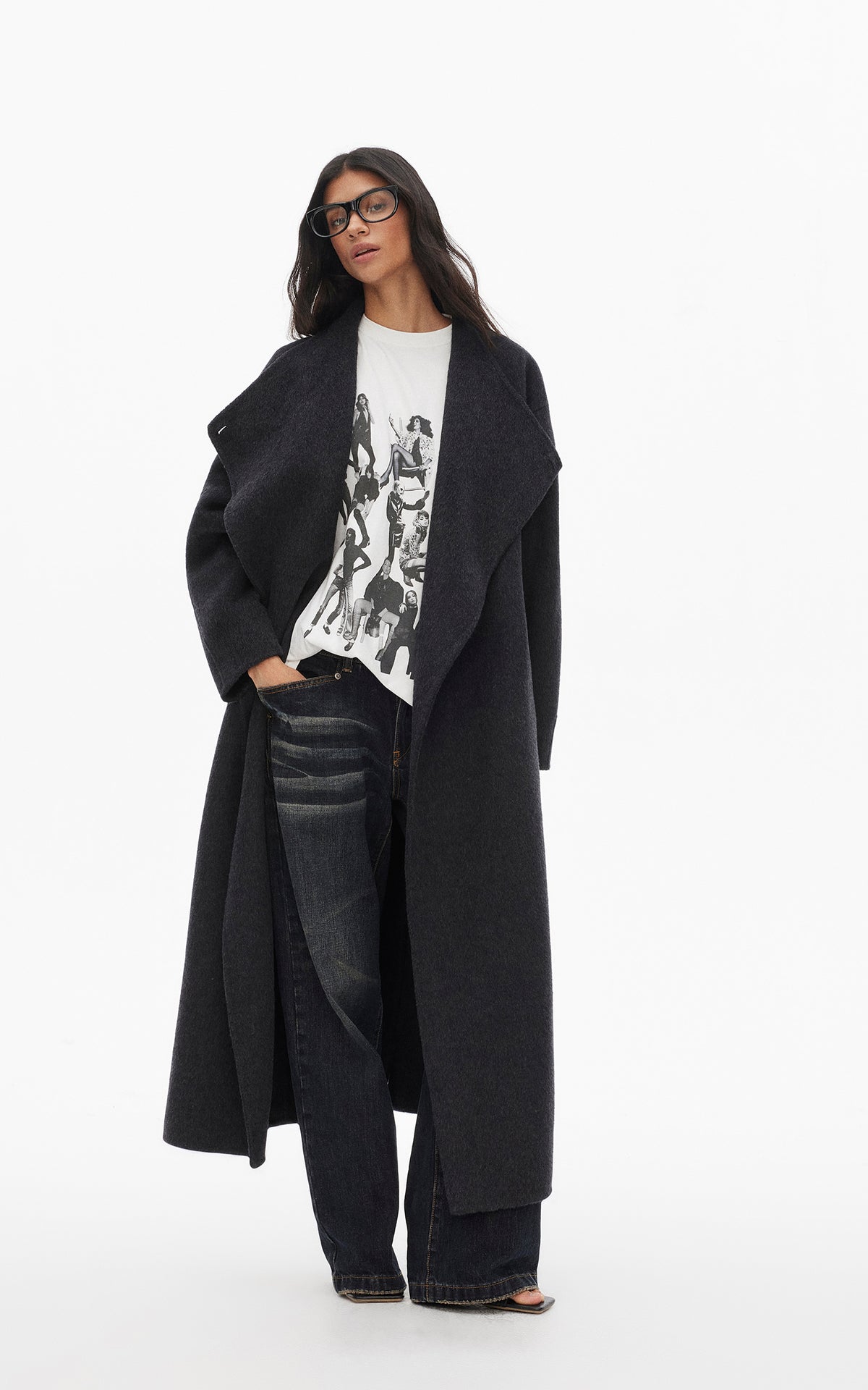 0122stepll Manteau long ample ceinturé à nouer