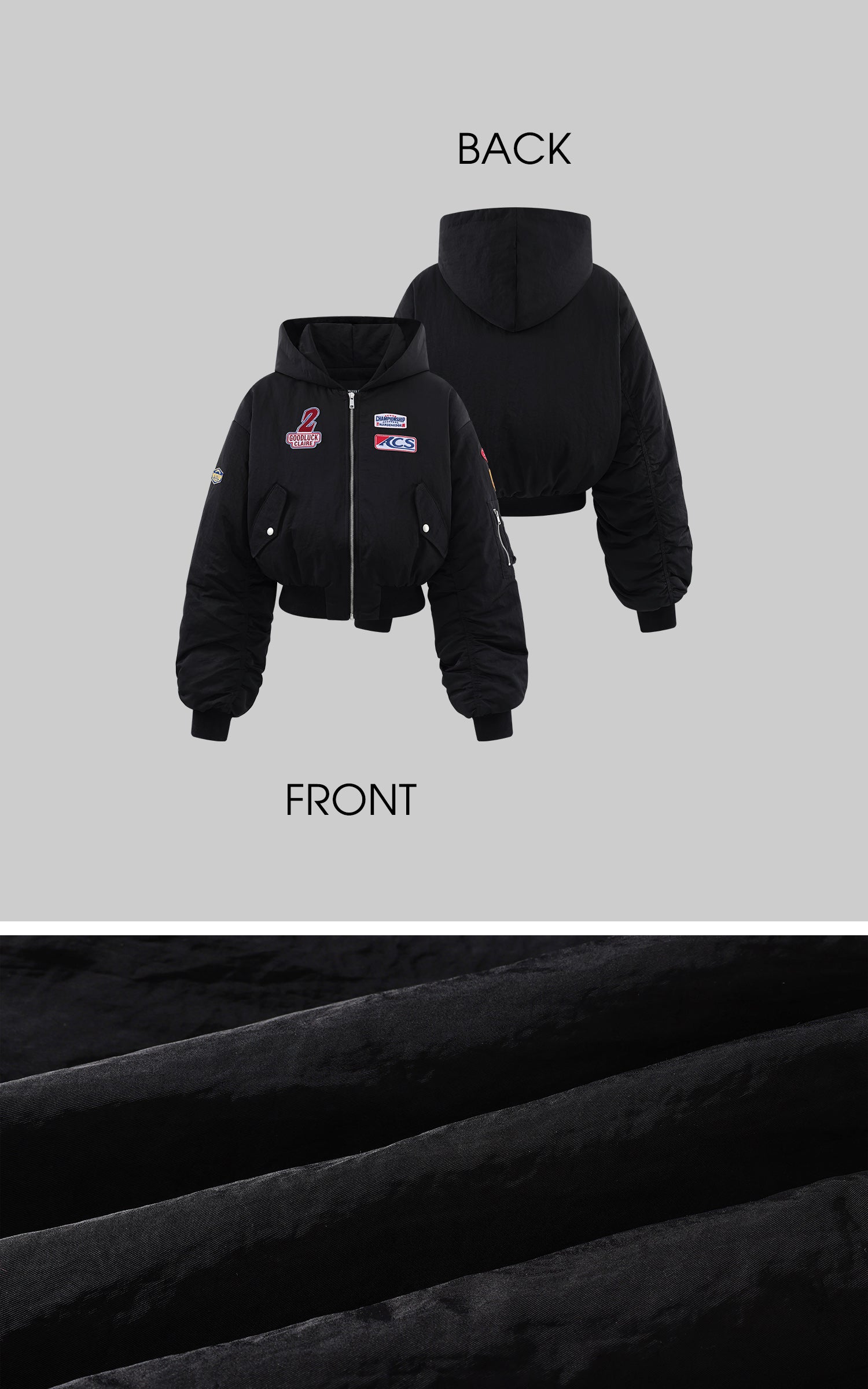 WARDEN EDGE 모토 패치 후드 크롭 봄버 자켓