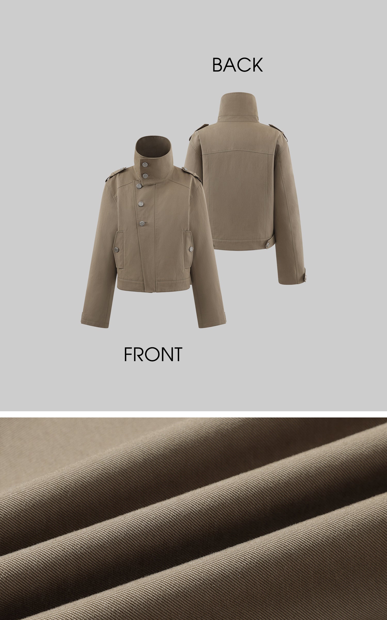 WARDEN EDGE 비대칭 클로저가 돋보이는 구조적인 하이칼라 트렌치 재킷