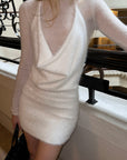 0122stepll Sheer Knit Top & Fuzzy Cowl Mini Dress Set