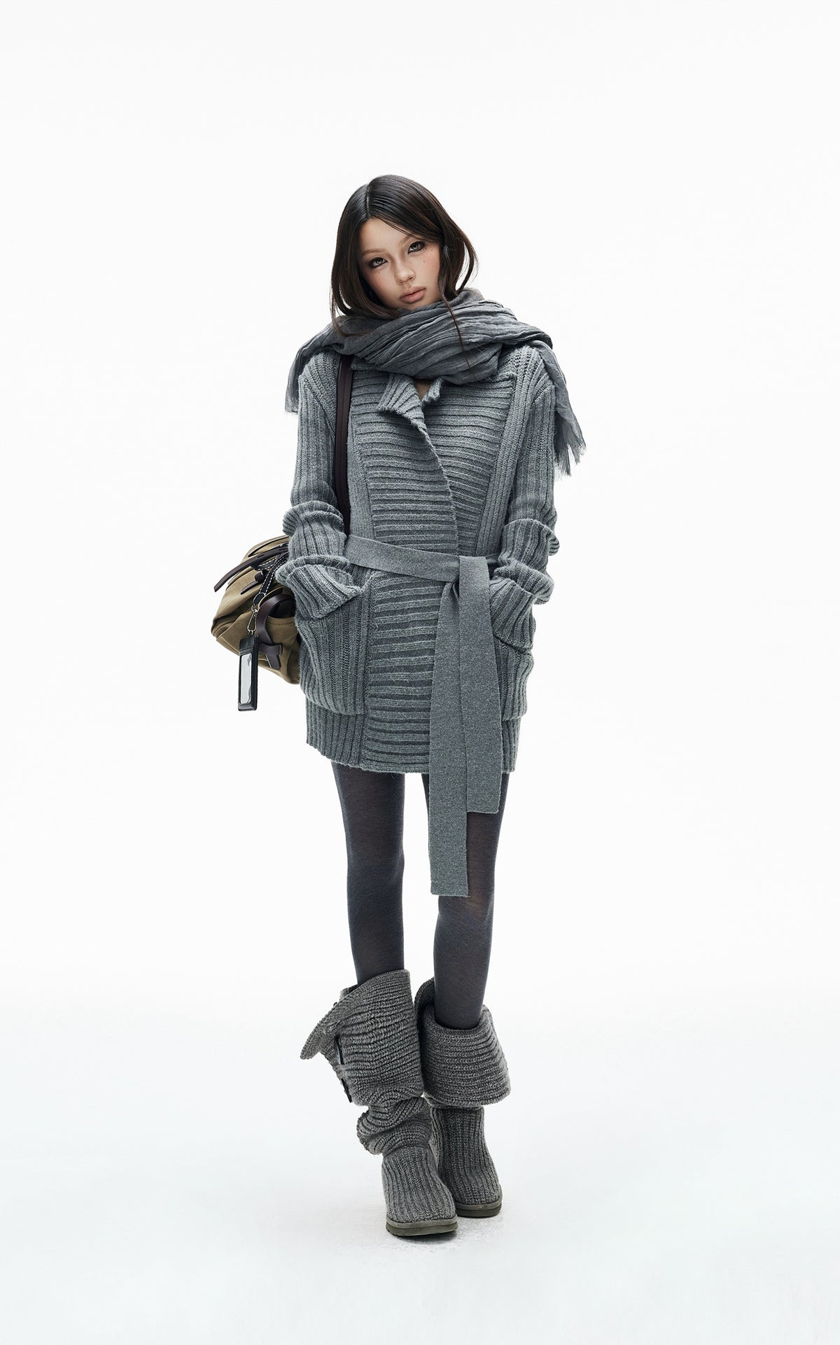 IAMXIAA Belted Ribbed Longline Knit Cardigan