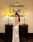 0122stepll Robe longue bustier en satin dos nu