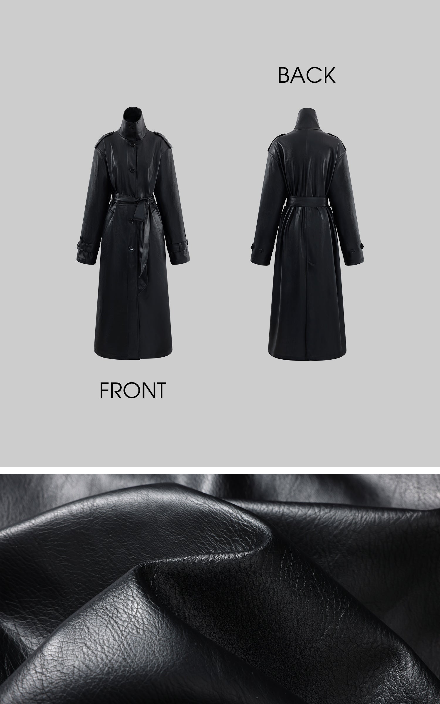 ROVENTE High-Neck Leather Long Coat