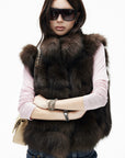 IAMXIAA Chocolate Brown Oversized Collar Fox Fur Sleeveless Vest