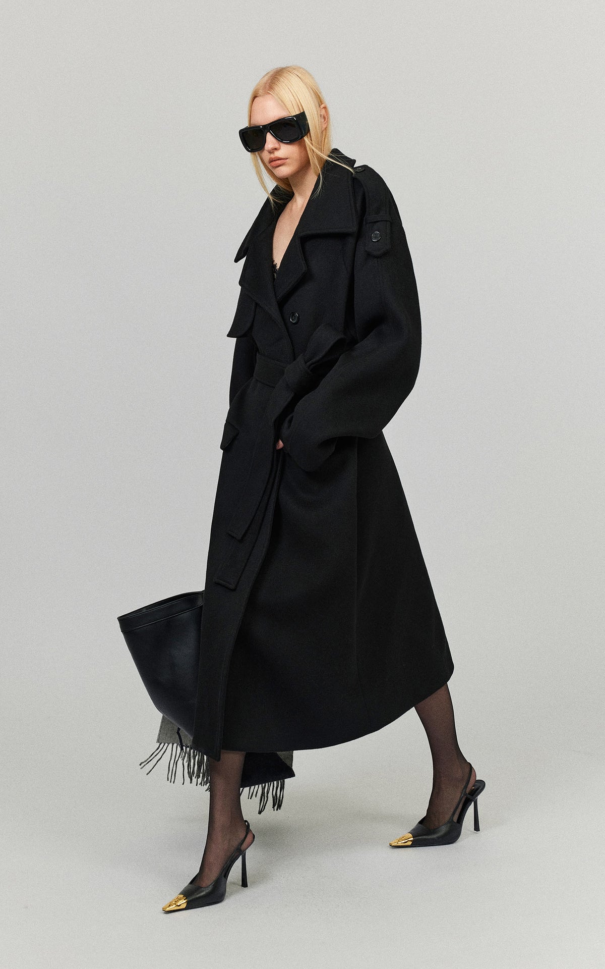 0122stepll Oversized Military Belted Long Wool Trench Coat