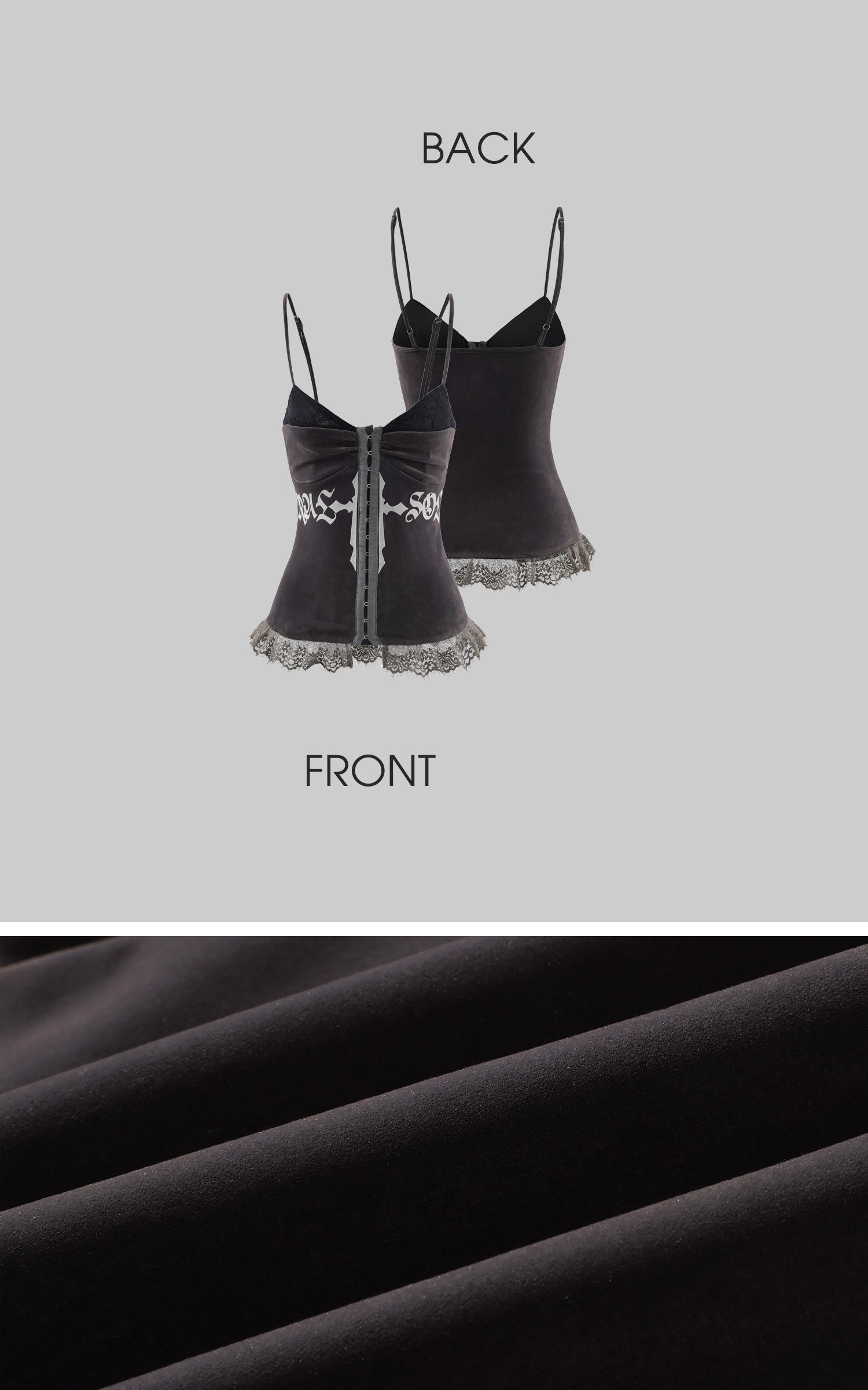 Rase le sol Gothic Cross Panel Camisole Fitted Lace Trim Structured Layering Top